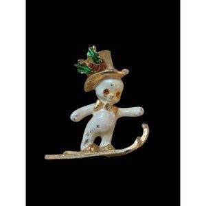 Vtg Enameled Skiing Snowman Brooch, Winter Holiday Jewelry White&Gold Tone Small